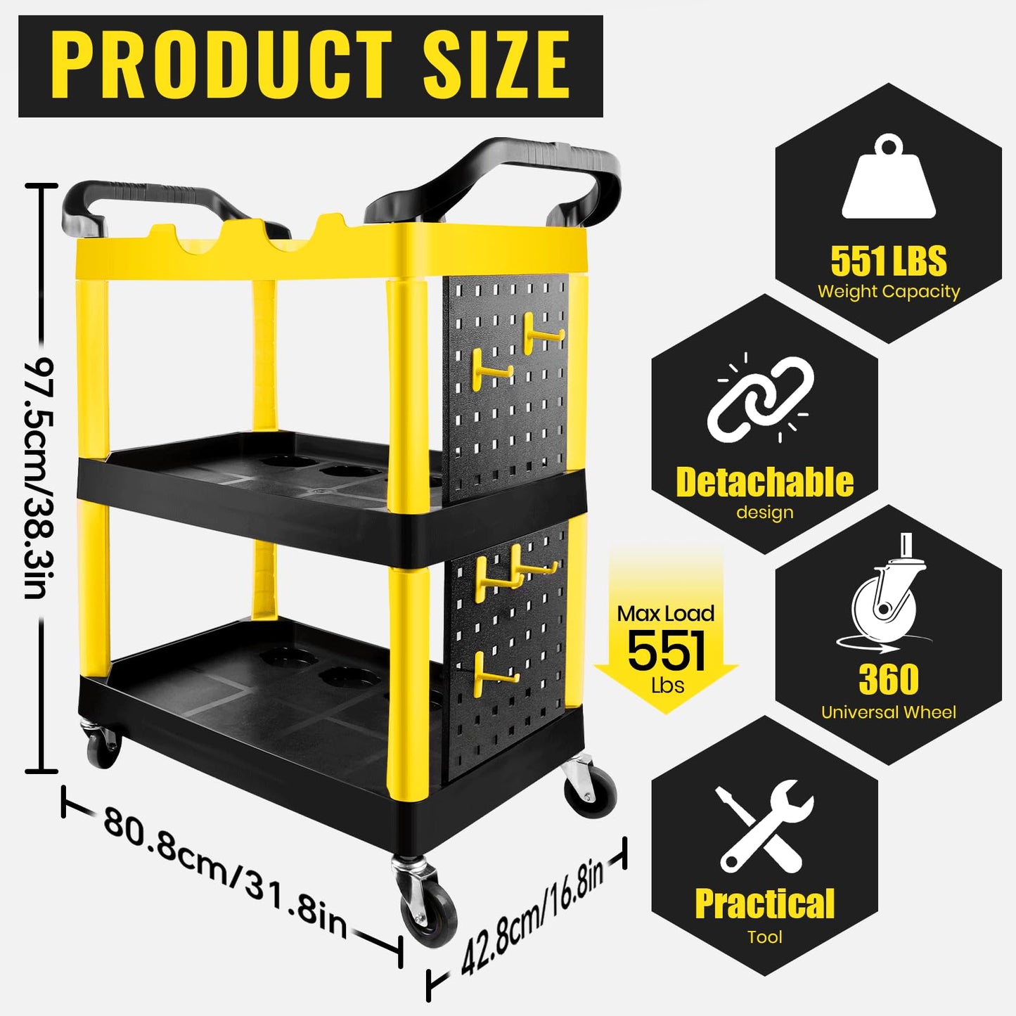 Auto Detailing Cart with Wheels, 3 Tier Car Detailing Cart with Hanging Boards & Hooks, Car Wash Organizer for Garage Workshop DIY Home