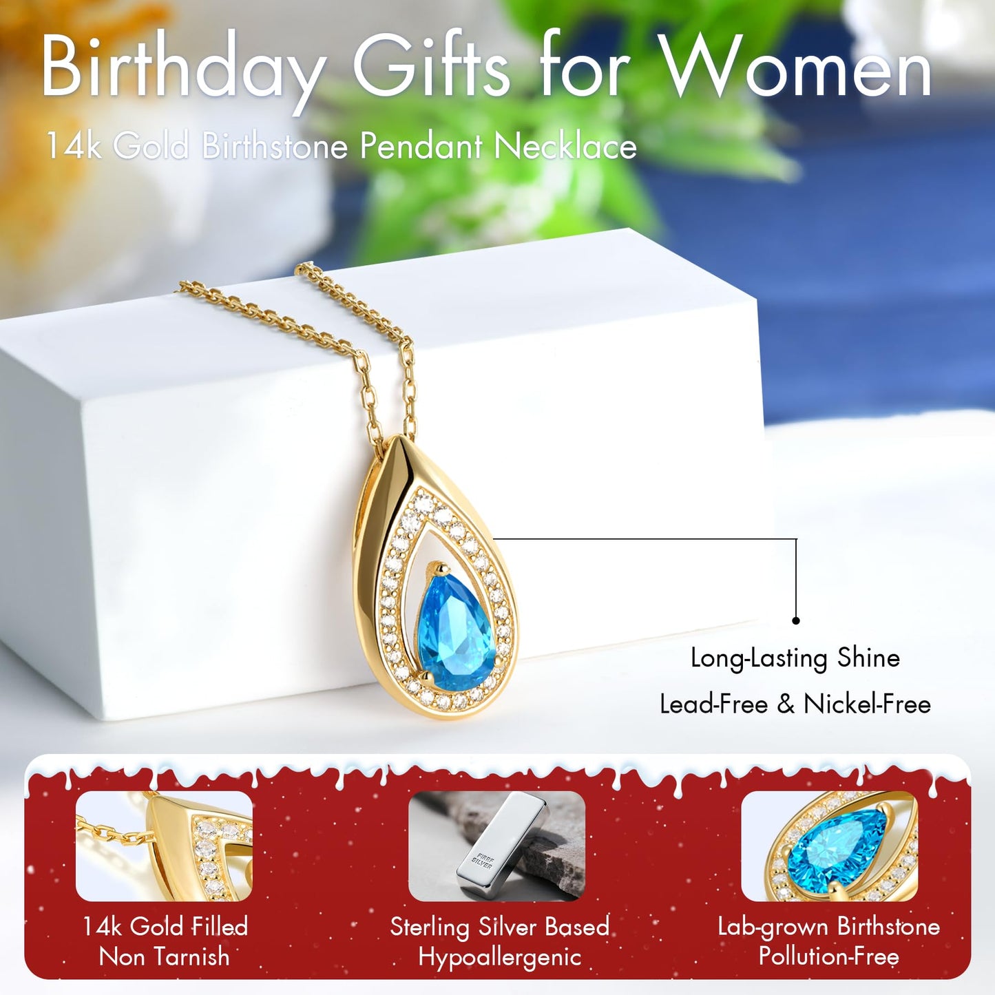 Kstyle 14k Gold Blue Topaz December Birthstone Pendant Necklaces for Women Valentine's Day Birthday Gift Anniversary Jewelry for Wife Daughter Grandma Mom Sister Non Tarnish