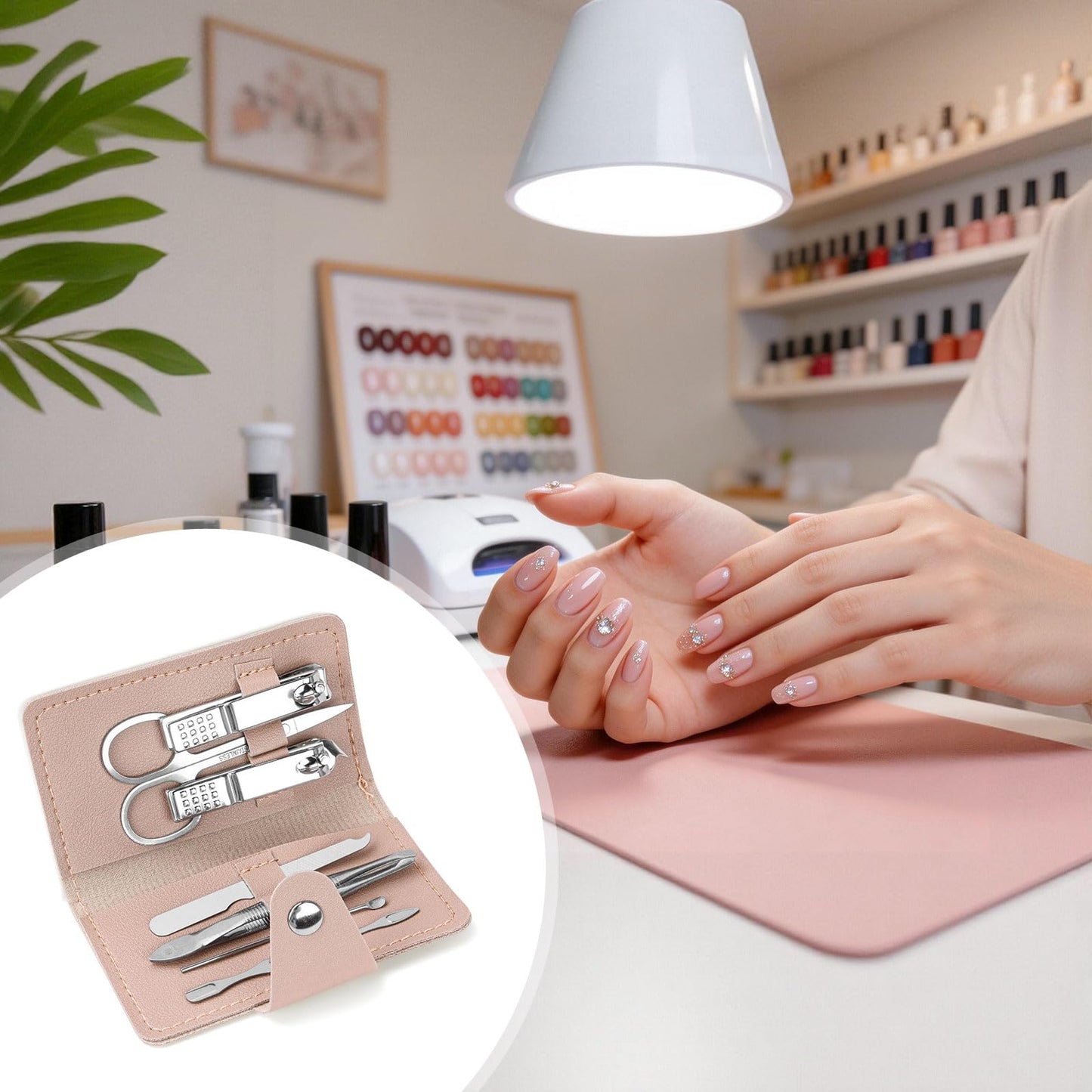 HDFCLUP 7-in-1 Manicure Kit – 10Piece Travel Nail Kit with Stainless Steel Tools, Ultra-Compact 5x6 cm Pouch for Perfect Nails Anywhere, Ideal Gift for Women, Men, and Travelers (Pink)