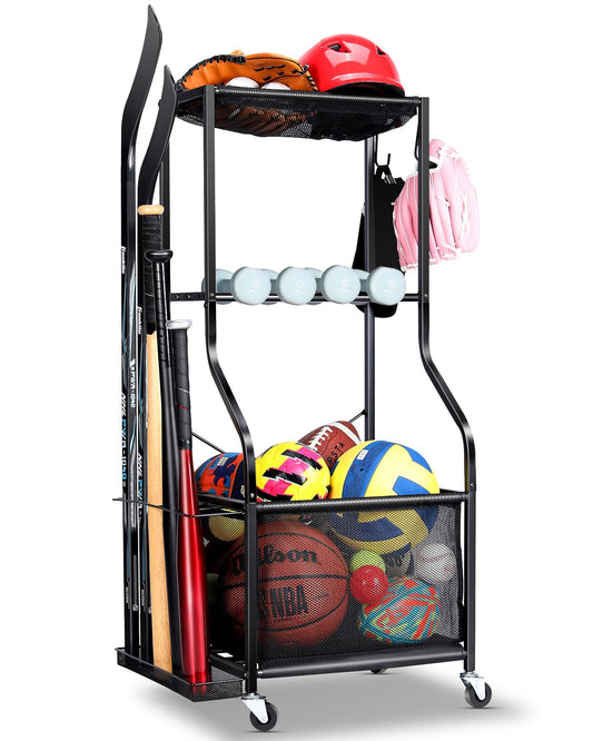EXTCCT Sports Equipment Garage Organizer - Rolling Ball Storage with wheels, 3-Tier Sports gear Storage Rack Indoor & Outdoor Balls Cart with Hooks for Home, Garage (Black)