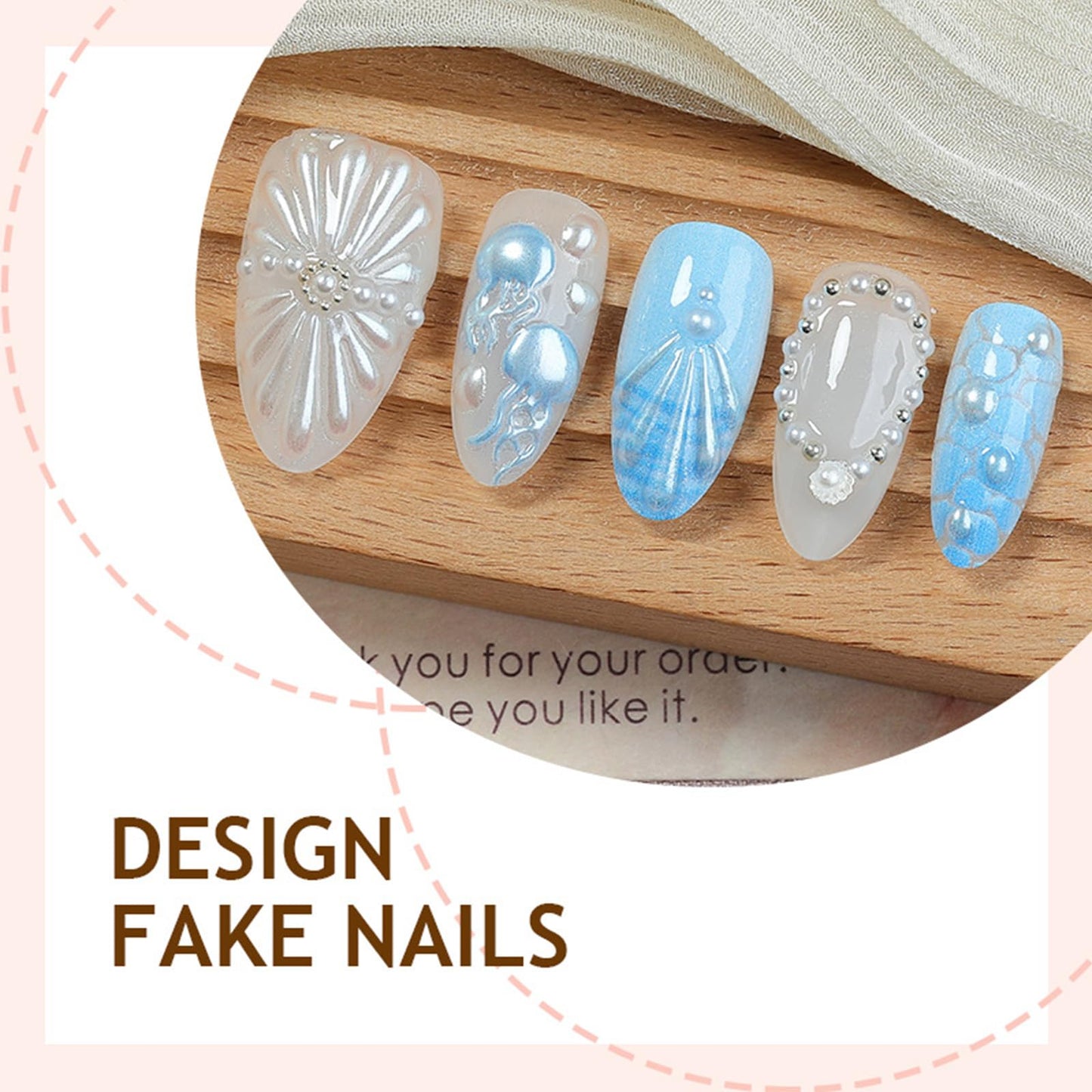 3D Jellyfish Press on Nails with Ocean Design Beach False Nails Glossy Blue Ombre French Tips Medium Almond Fake Nail Seashell Stick on Nail Pearl Glue on Artificial Fingernails for Women Summer Wear