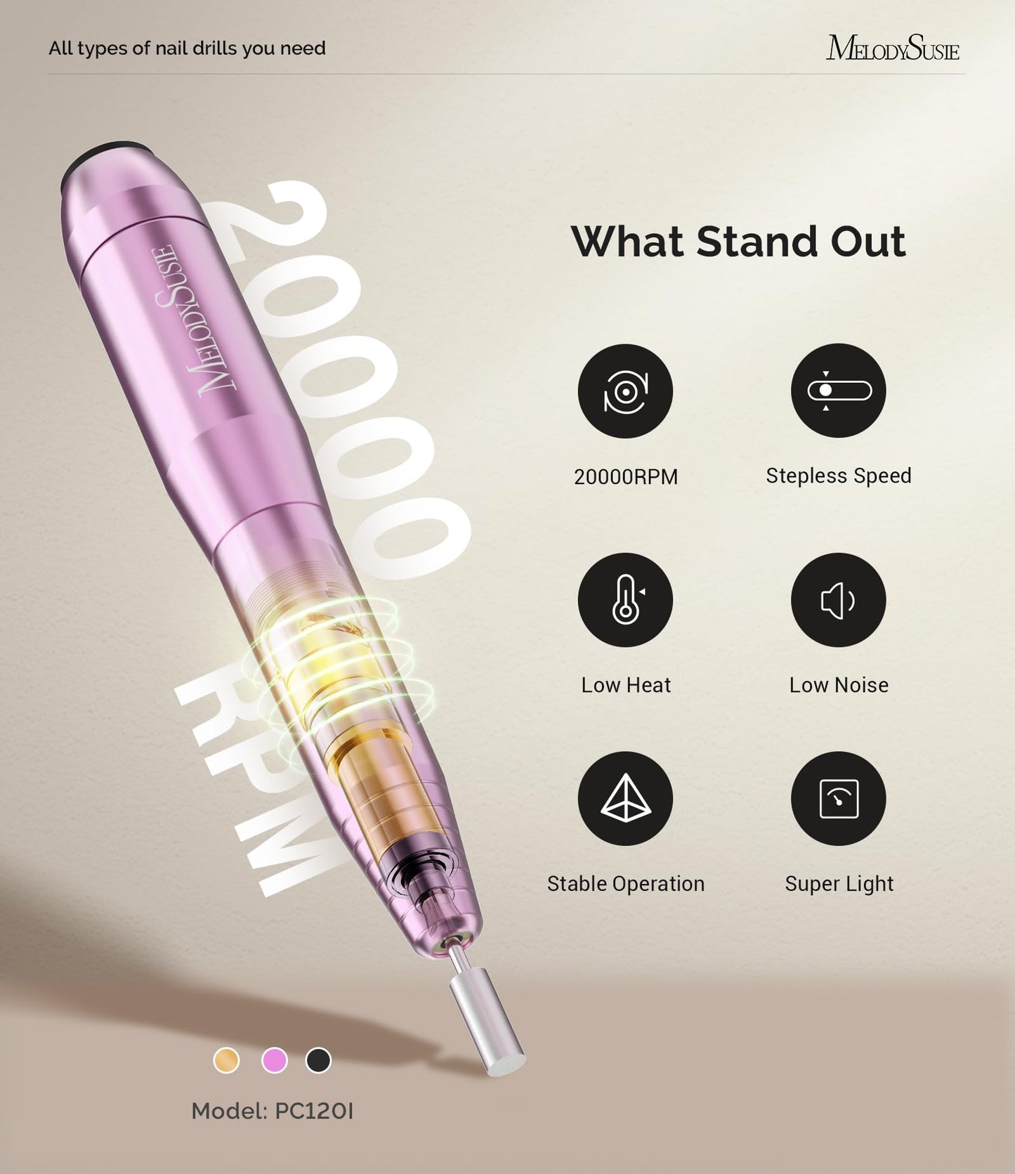 MelodySusie Pen-Shaped Portable USB Nail Drill, PC120I 20000RPM Electric Nail File with Compact Design for All Nail Care, Manicure Polishing, Shaping & Gel Removal at Home for Beginners