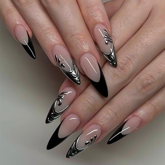 RUOKEXIN Long Press on Nails Almond Fake Nails French Tip False Nails with 3D Silver Glitter Designs Stiletto Nail Press ons Sparkly Artificial Nails for Women 24Pcs