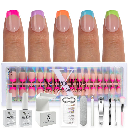 SXC Cosmetics X-Pro Tips French Tip Press On Nails - Bright Pastel Glow in the Dark Series (GLOW113KIT-XS Square)