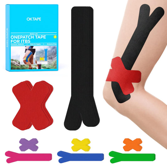 OK TAPE Precut Kinesiology Tape for Knee, Thigh, IT Band Pain Relief, 20 Strips, Provide Support & Stability, Elastic Athletic Tape, Waterproof Knee Tape for Running (Black & Red)