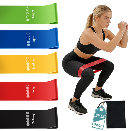 FEFURS Elastic Resistance Bands Set 5 *12 Pack, Multi-Colored Workout Bands, Different Levels Exercise Band for Indoor and Outdoor Workouts, Glute and Leg Strength Training, Pilates and Yoga Practice