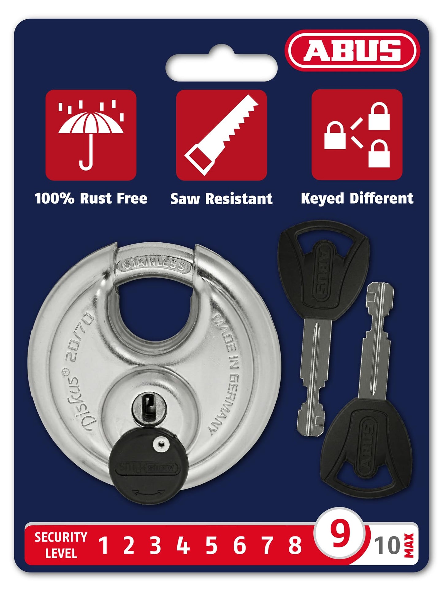 ABUS - Diskus 20/70 Padlock with Key (2.75") 70mm - Heavy Duty Stainless Steel - Cut, Rust & Drill Resistant - Storage & Outdoor - Pad Lock with 2 Keys (Keyed Different) - Commercial & Home Security
