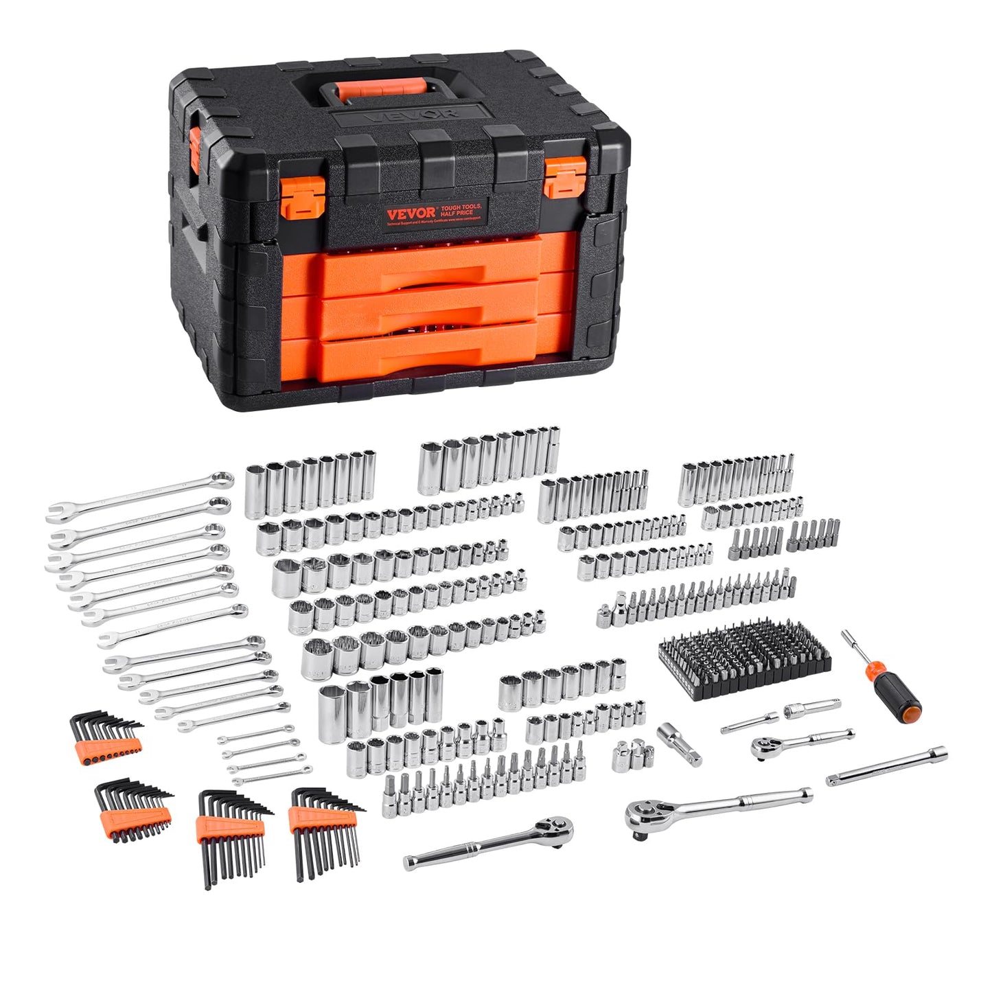 VEVOR Mechanics Tool Set and Socket Set, 450 Pcs, 1/4, 3/8 and 1/2 inch Drive Deep and Standard Sockets, SAE Metric Mechanic Tool Kit with Bits, Wrenches, Accessories, Storage Case with Orange Drawer