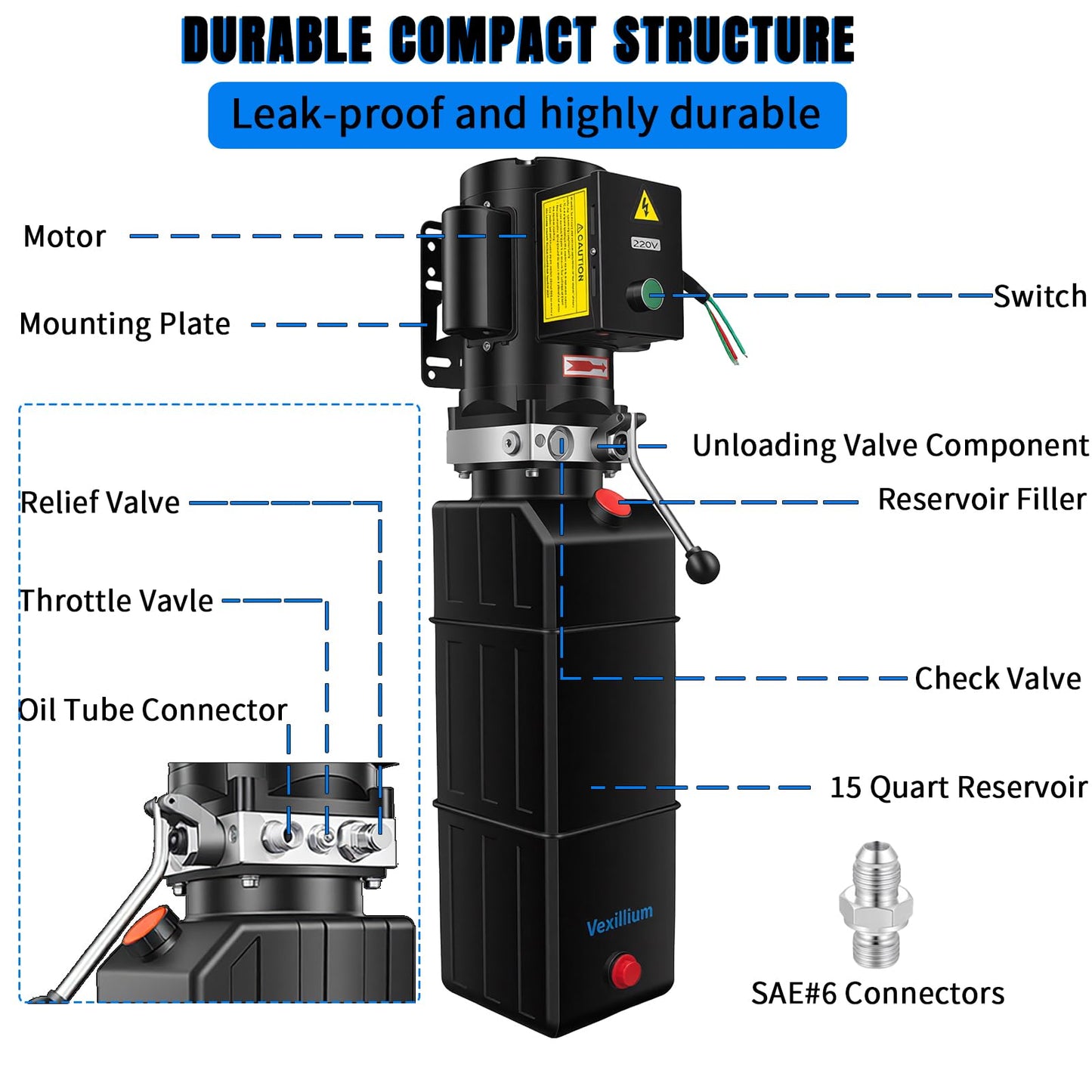 Vexillium Hydraulic Power Unit for Car Lift, 220V Automotive Lift Hydraulic Pump,15 Quarts Plastic Reservoir Car Lift Pump,Single-Acting Pump for Single-Post, Double-Post and Four-Post Lifts