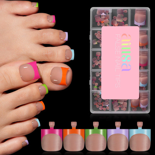 AILLSA Toe Nail Press Ons, French Tips Toe Press On Nails, 5 Mixed Summer Colors 15 Sizes Short Square Full Cover Fake Toenails 150PCS, Brown Pink Acrylic Wearable DIY Nail Art for Women