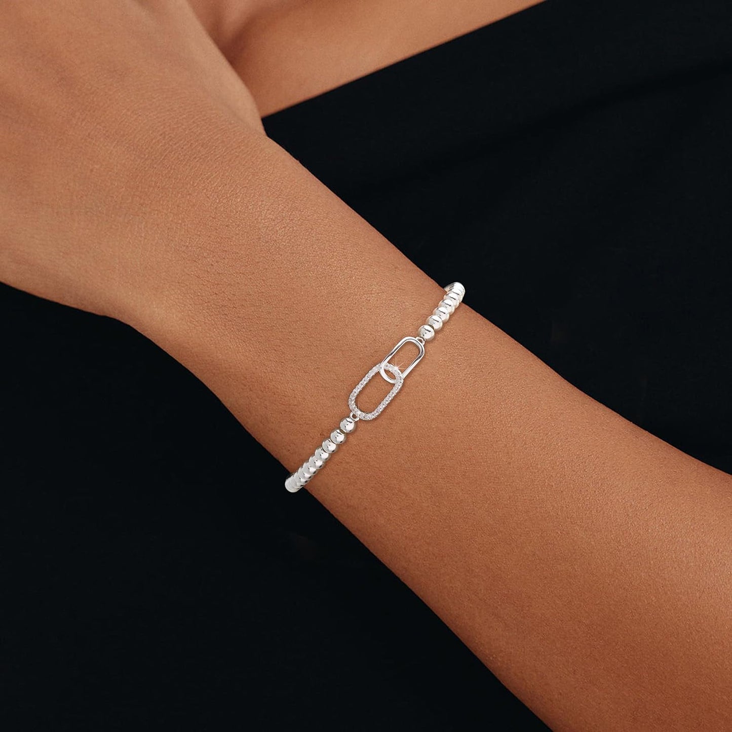Beaded Bracelets for Women 14K Silver Gold Plated Stretch Handmade Ball Bracelets Cute Charm Bracelet Dainty Stackable Cross Heart Bow Wave CZ Circle Trendy Jewelry Easter Gifts (zirconia-square-silver)