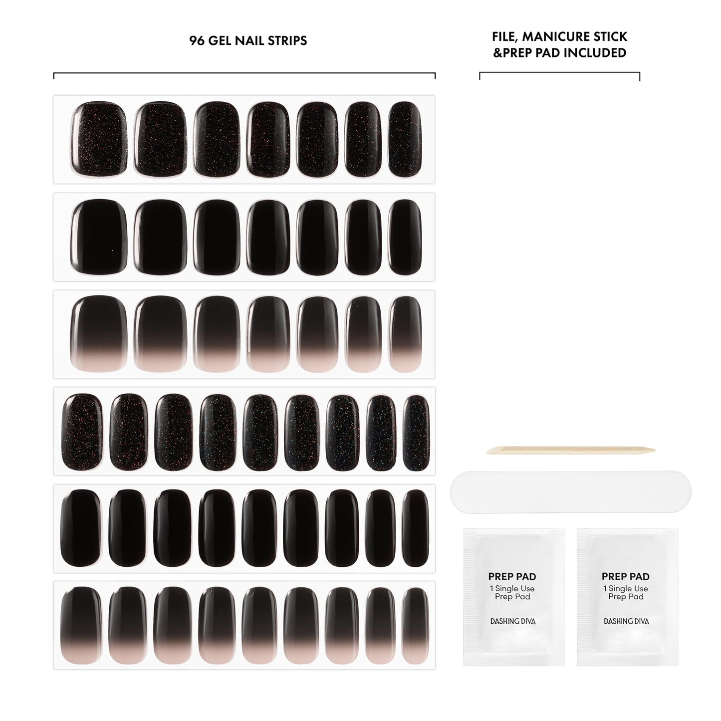 Dashing Diva Glaze Nail Strip 3-in-1 Kit - Best of Noirs - Long Lasting, Chip Resistant, Semi-Cured Gel Nail Strips - Contains 96 strips, 3 prep pads, 3 manicure sticks, 1 nail file