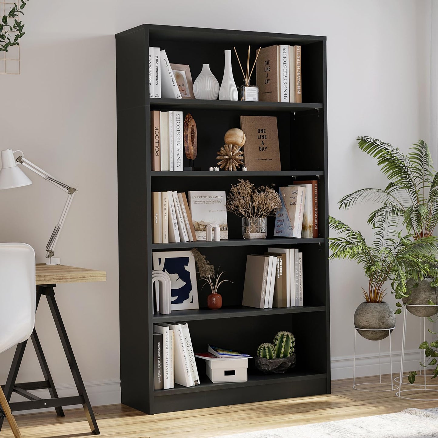 i-VTIES Bookcase Adjustable Storage Shelves,5-Tier Modern Wood Bookcase for Bedroom,60-Inch Bookshelf, Office, Living Room & Library(Black)
