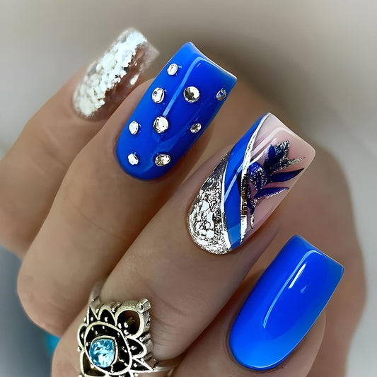 Blue Flower False Nails Rhinestones Fake Nails Silver Stripe Design French Stick on Nails Full Cover Artificial Coffin Nails Glitter Square Nails Press on Nails with Design Glue on Nails for Women