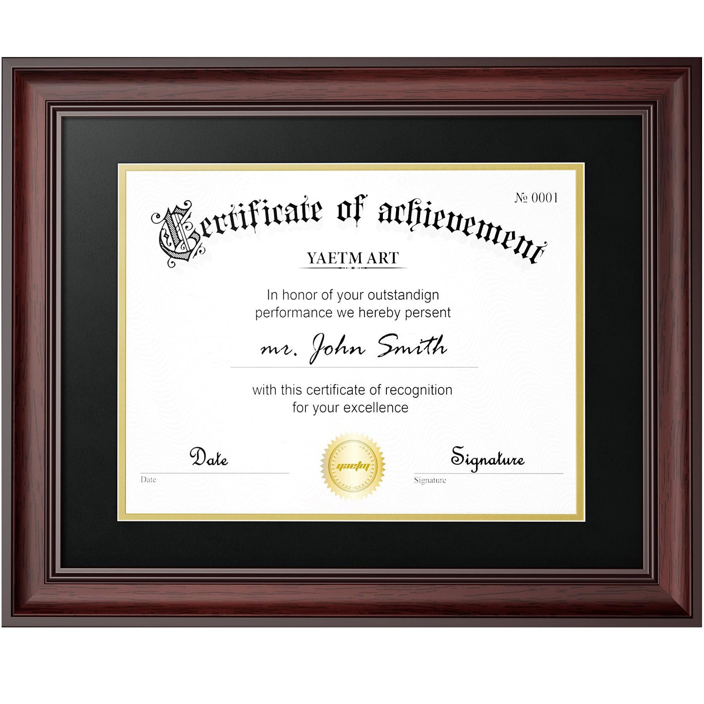 Yaetm 11x14 Diploma Frame, Certificate Frame with Tempered Glass, Display 8.5x11 Document with Black Over Gold Acid-free Mat or 11 x 14 without Mat, Wide Molding (Single, Mahogany)