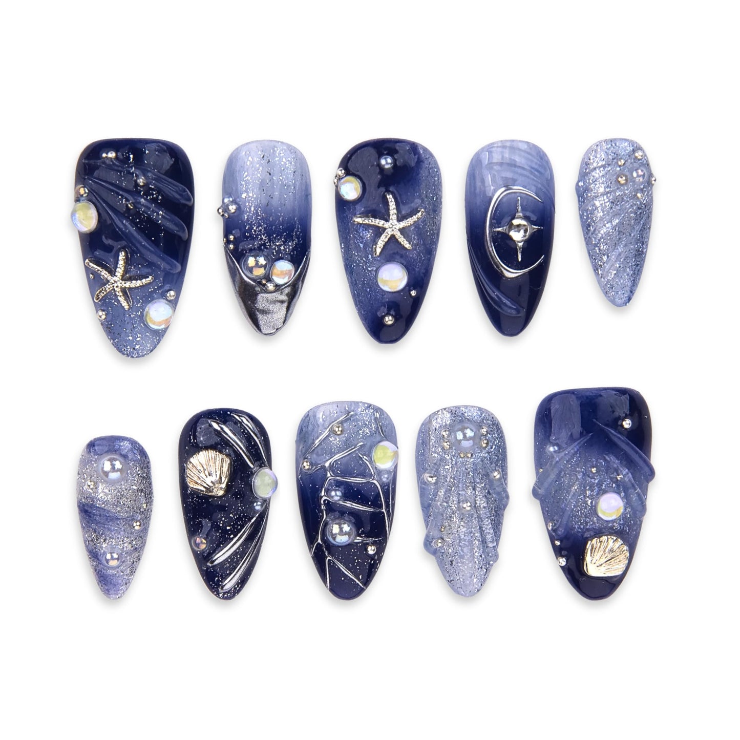 SIYOU Beauty | Ocean Of Stars | Navy Blue and Light Blue Mermaid Glitter Short Almond Press On Nails for Women (Small) - Reusable, Salon-Quality Fake Nails (10pc)
