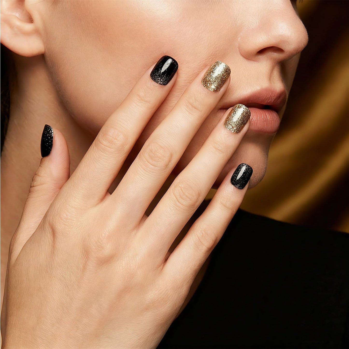 Taoyisent Black and Gold Glitter Press On Nails, Elegant Square False Nails with Sparkly Gradient Design, Easy to Apply Press On Nail Kit for Women, 24 Pcs