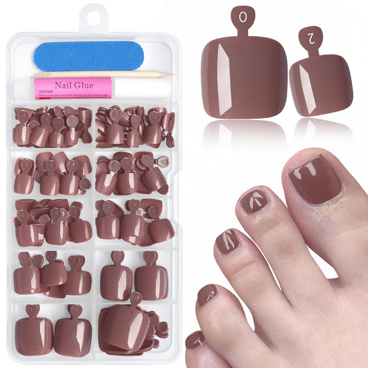 EternalClassic 144pc Press on Toenails for Women Toe Nail Press ons Short Square with Glue&Jelly Glue, Brown Fake Toe Nails Glue on Toe Nails, Full Cover Acrylic Artificial Toe Press on Nails