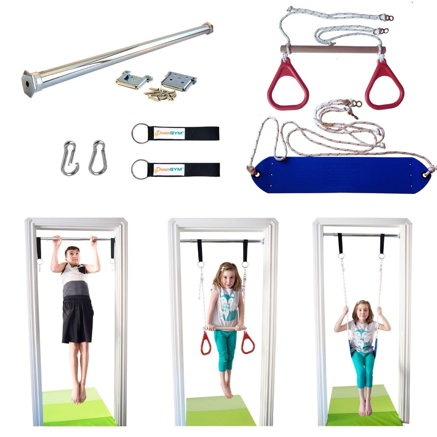 DreamGYM Doorway Swing for Kids Indoor - Trapeze Bar and Gymnastic Rings Combo and Classic Rope Swing for Doorway Gym