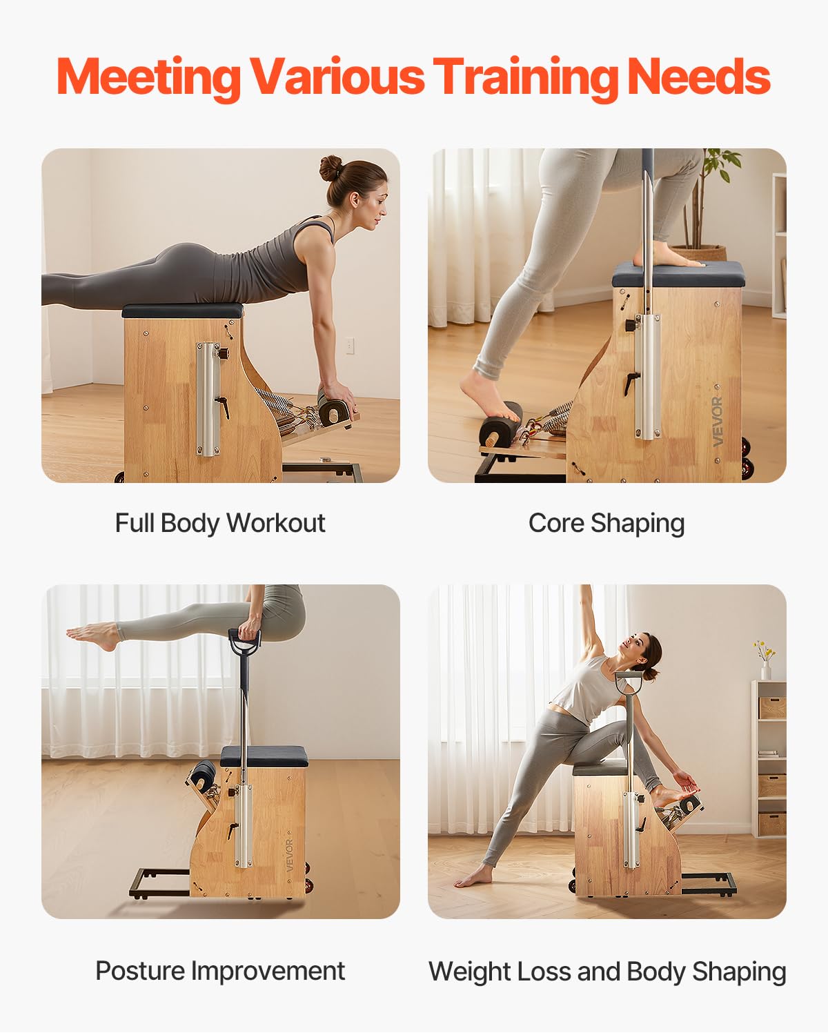 VEVOR Pilates Chair, Split-Pedal Stability Combo Chairs with Handles, Rubber Wood Frame Yoga Fitness Trainer, Exercise Reformer, Pilates Resistance-Workout Equipment, for Home Gym Studio Workout