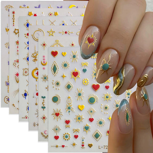 Bohemia Nail Stickers for Nail Art Gold Moon Sun Star Heart Nail Art Stickers Boho Nail Decals 3D Self-Adhesive Colorful Retro Nail Sticker for Women Girls DIY Manicure 6Sheets