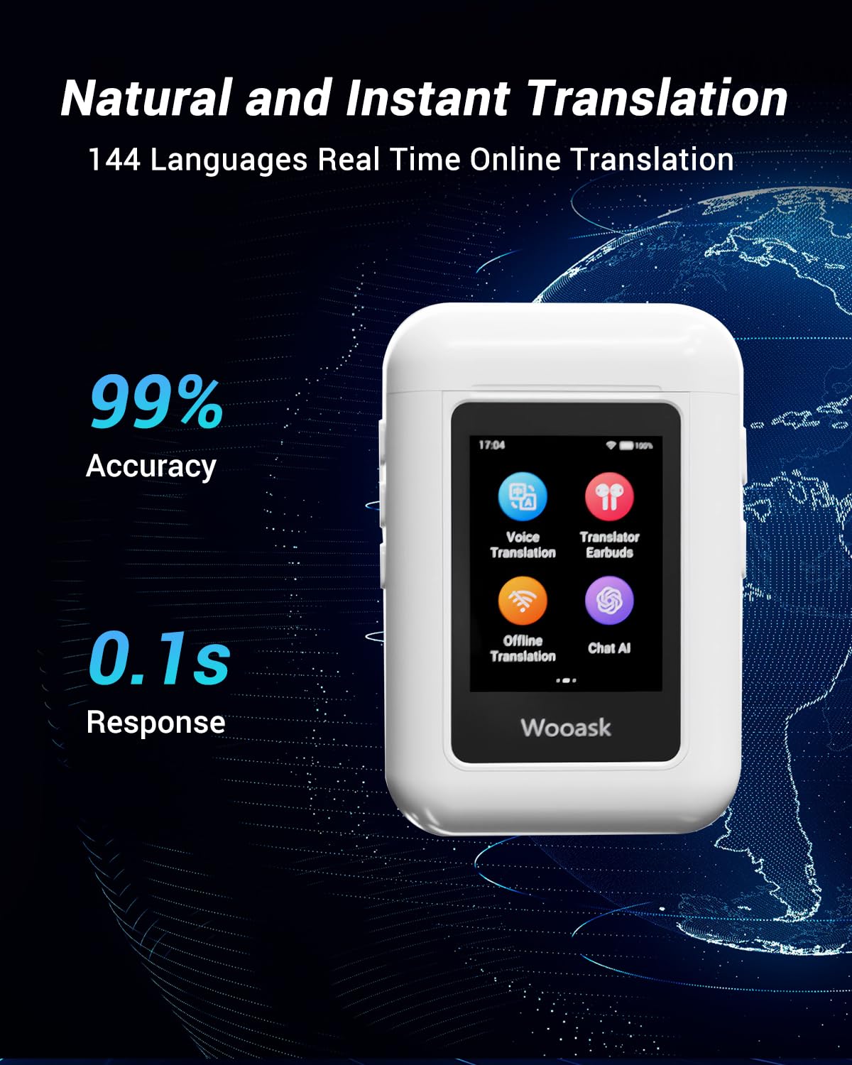 Wooask A8 Translation Earbuds, AI Translation Earbuds Real Time No APP Needed, No Subscription, 2025 Latest Two-Way Translator Device Support ChatGPT/Recording for Travel, Business, Learning Language