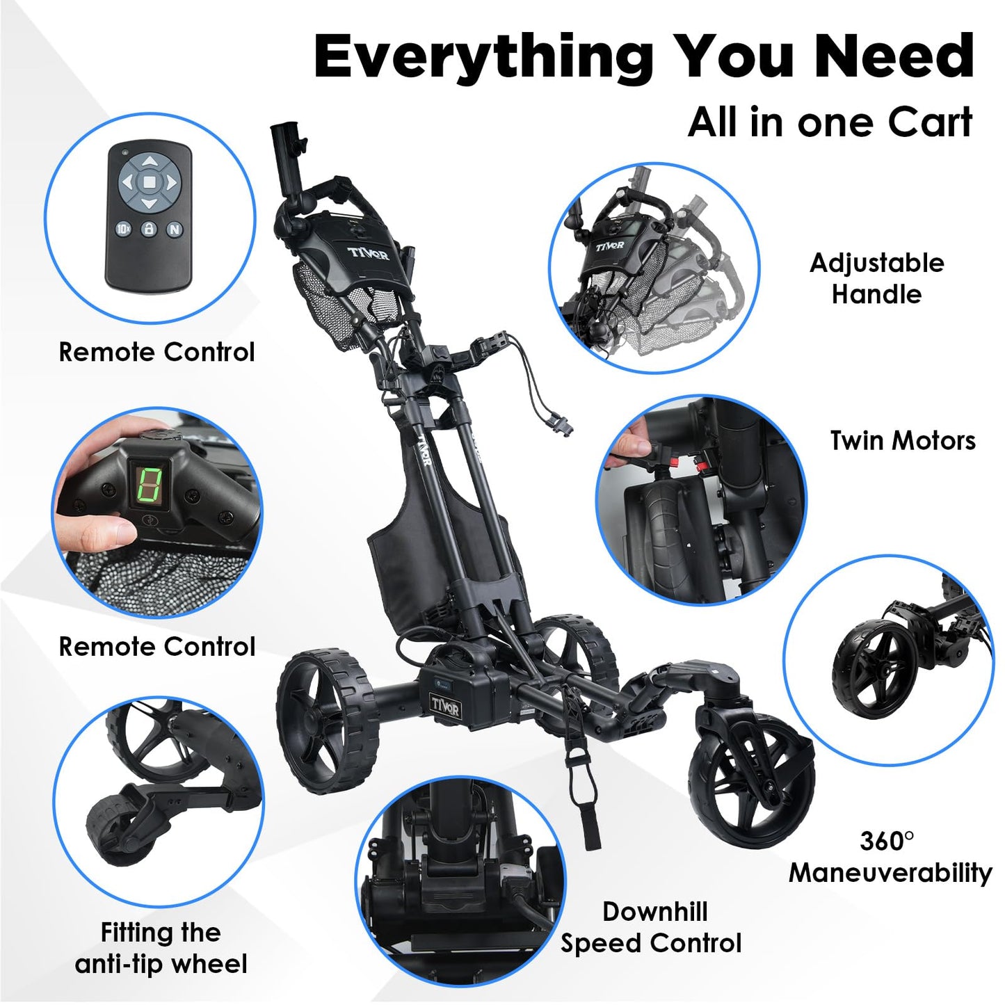 Tivor Electric Golf Push Cart with Remote Control,3 Wheel Golf Push cart with 4V10Ah Li-Ion Battery, 9 Speed Gears, Extra Large Storage, 360° Front Wheels, 2-Stage Folding with E-Brake