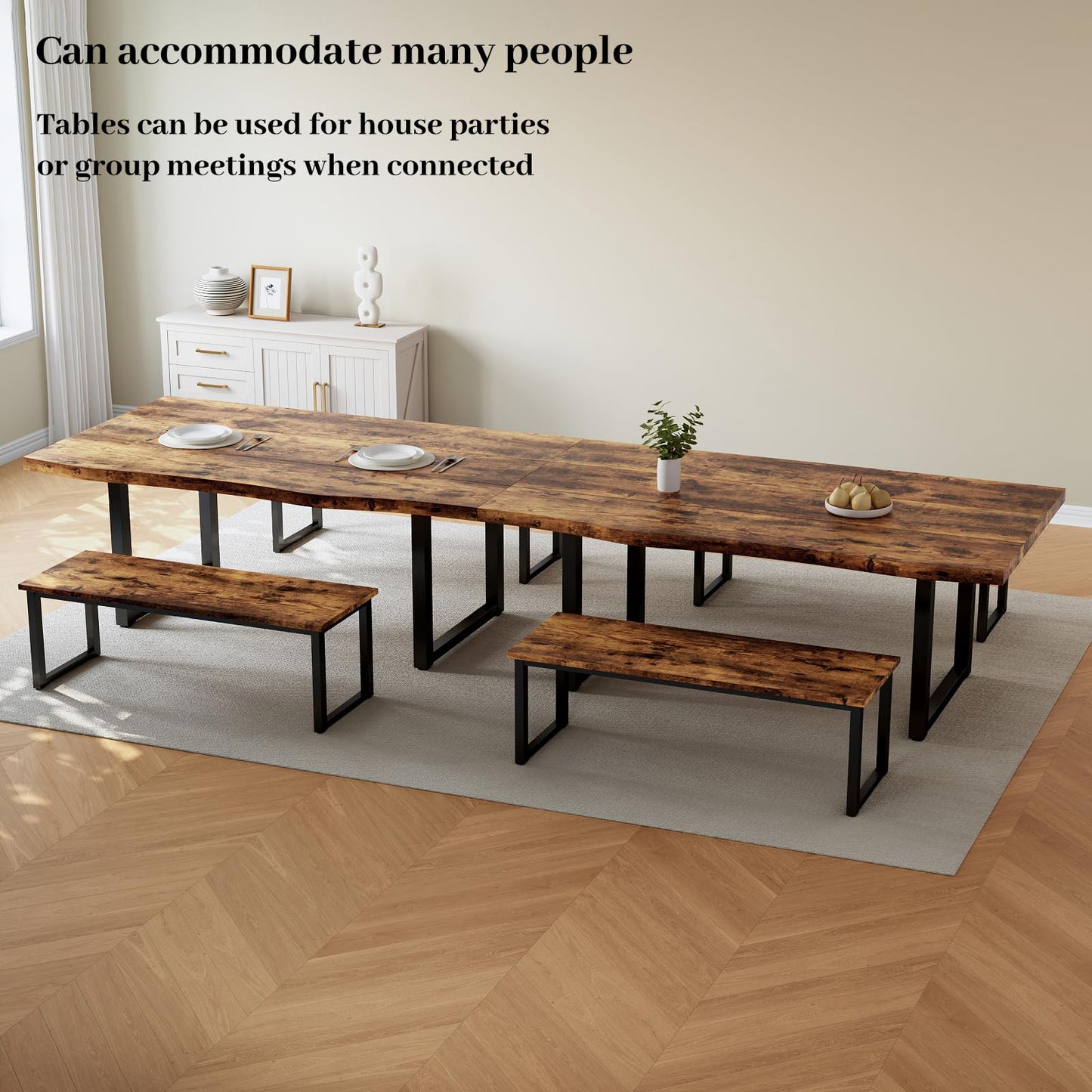 HIPIHOM 63" Dining Table with 2 Benches, Modern Kitchen Table and Chairs Set for 4 to 6 Persons, Thickened MDF Wooden Table for Dining Room, Kitchen