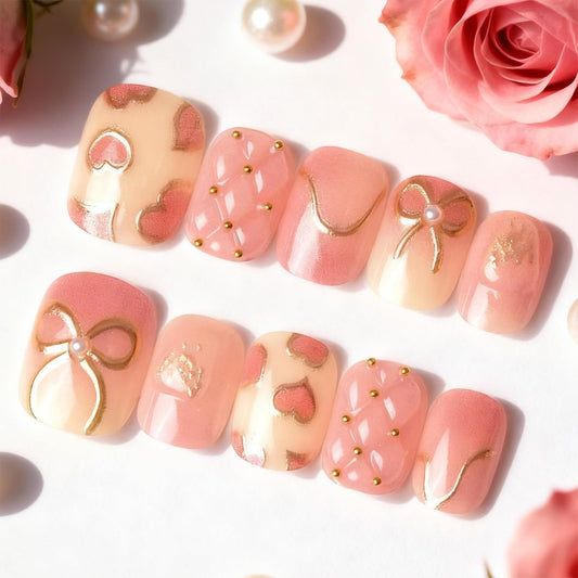 30Pcs Pink Press on Nails Short Almond Heart Fake Nails with Glitter Gold Lines Designs 3D Bead Full Cover Stick on Nail Romantic Valentines False Nails Cute Bow Artificial Glue on Nail for Women DIY