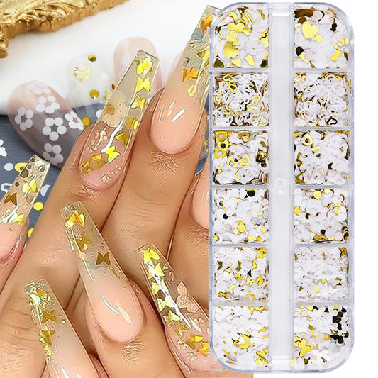 Vezocim Holographic Nail Art Glitter Sequins, 3D Gold White Glitter Flakes Nail Art Designs, Love Heart Butterfly Circle Acrylic Nails Supplies for Women Girls Manicure Decorations