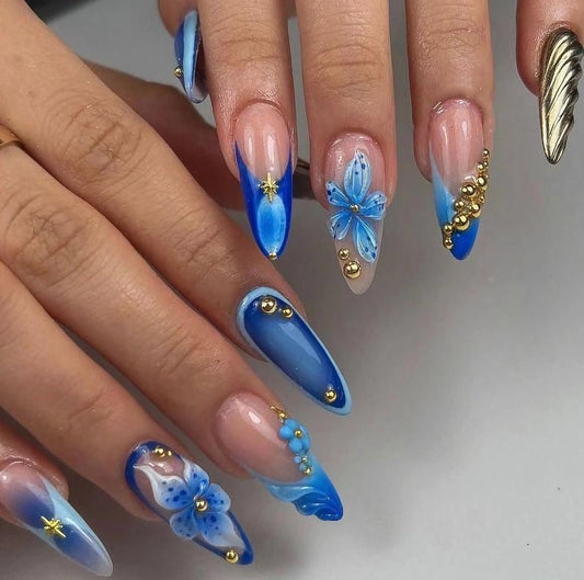 MERVF Long Stiletto Press on Nails Blue French Tip Fake Nail Flower Glue ons 3D Gold Pearls Design Almond Acrylic Summer Gradient Manicure Glossy 24pcs