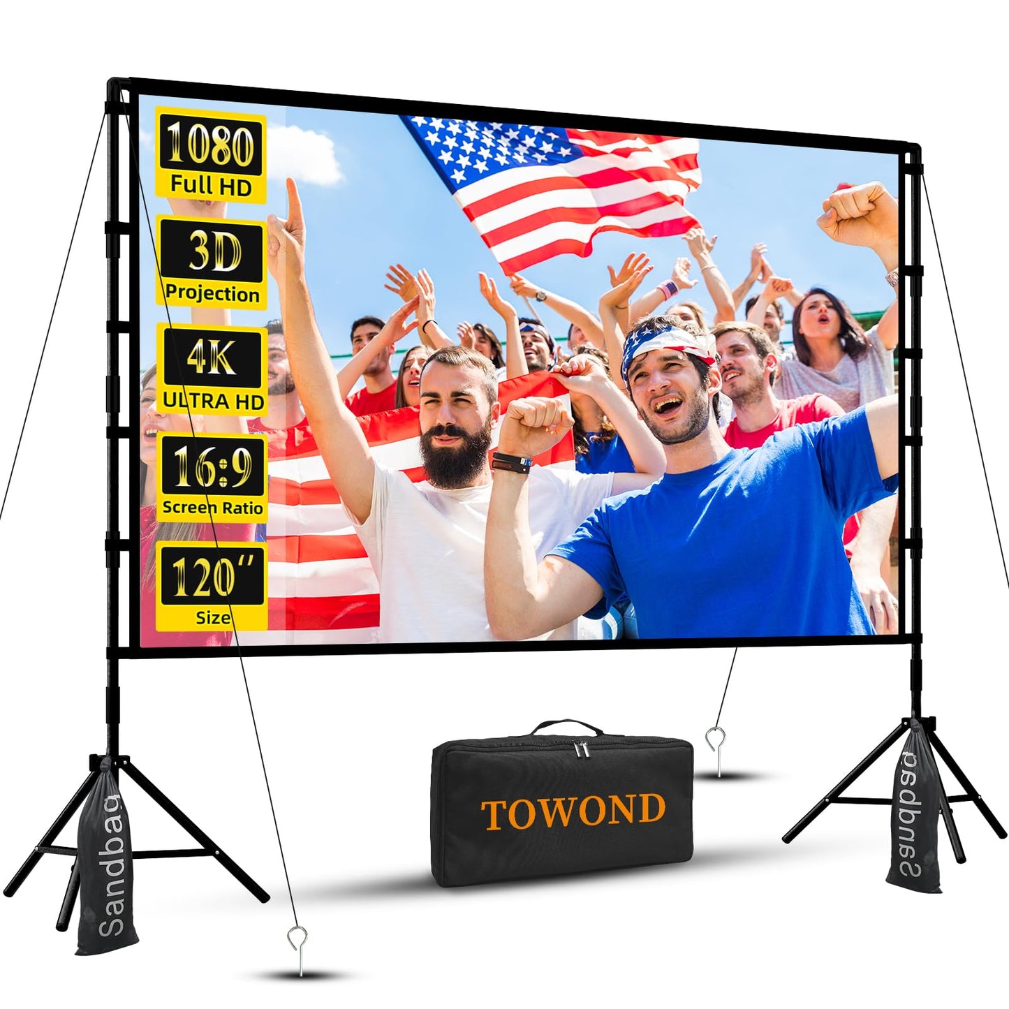 Outdoor Projector Screen with Stand, TOWOND 120 inch Projection Screen, Movie Screen 16:9 HD Foldable Anti-Crease Support Double Sided with Carry Bag for Outdoor Indoor