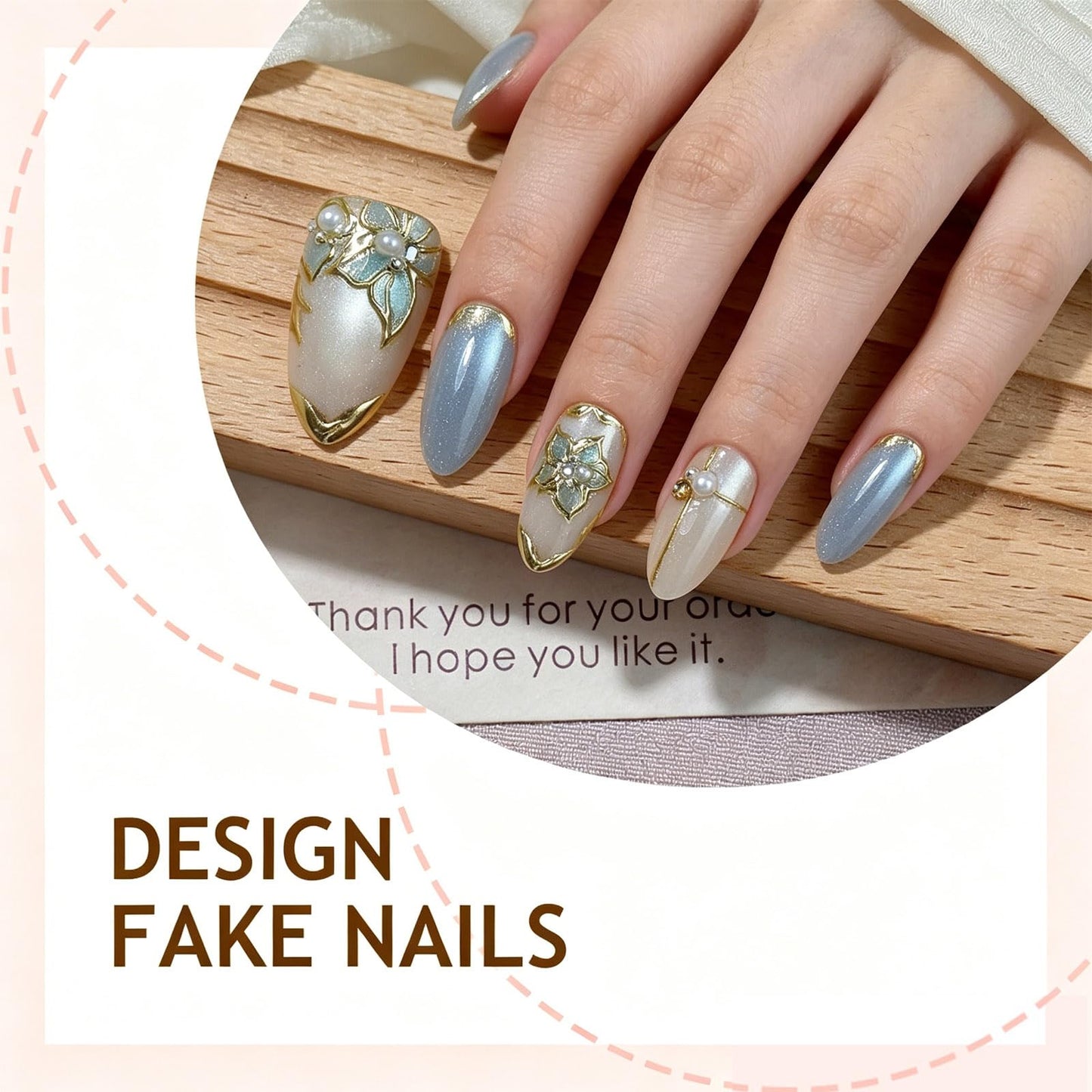 3D Flower Press on Nails with Gold Line Design Floral False Nails Glossy Blue Glitter Medium Almond Fake Nail French Tips Stick on Nail Curve Line Glue on Artificial Fingernails for Women Daily Wear
