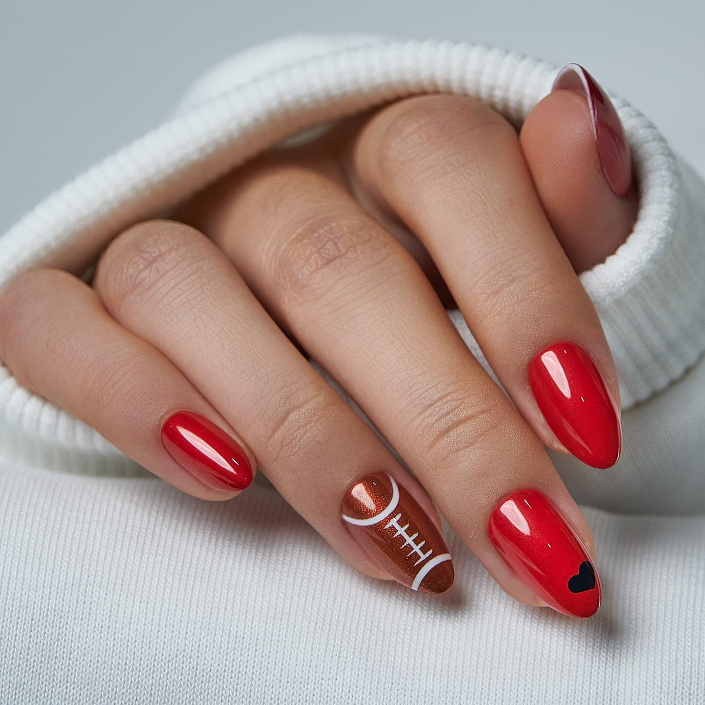 CurvLife Press On Nails Medium Almond – 30Pcs Red Football Fake Nails, Soft Gel Game Day Press On Nails with Glue, Glossy Glue On Nails for Women & Girls, Super Bowl & Sports Fans