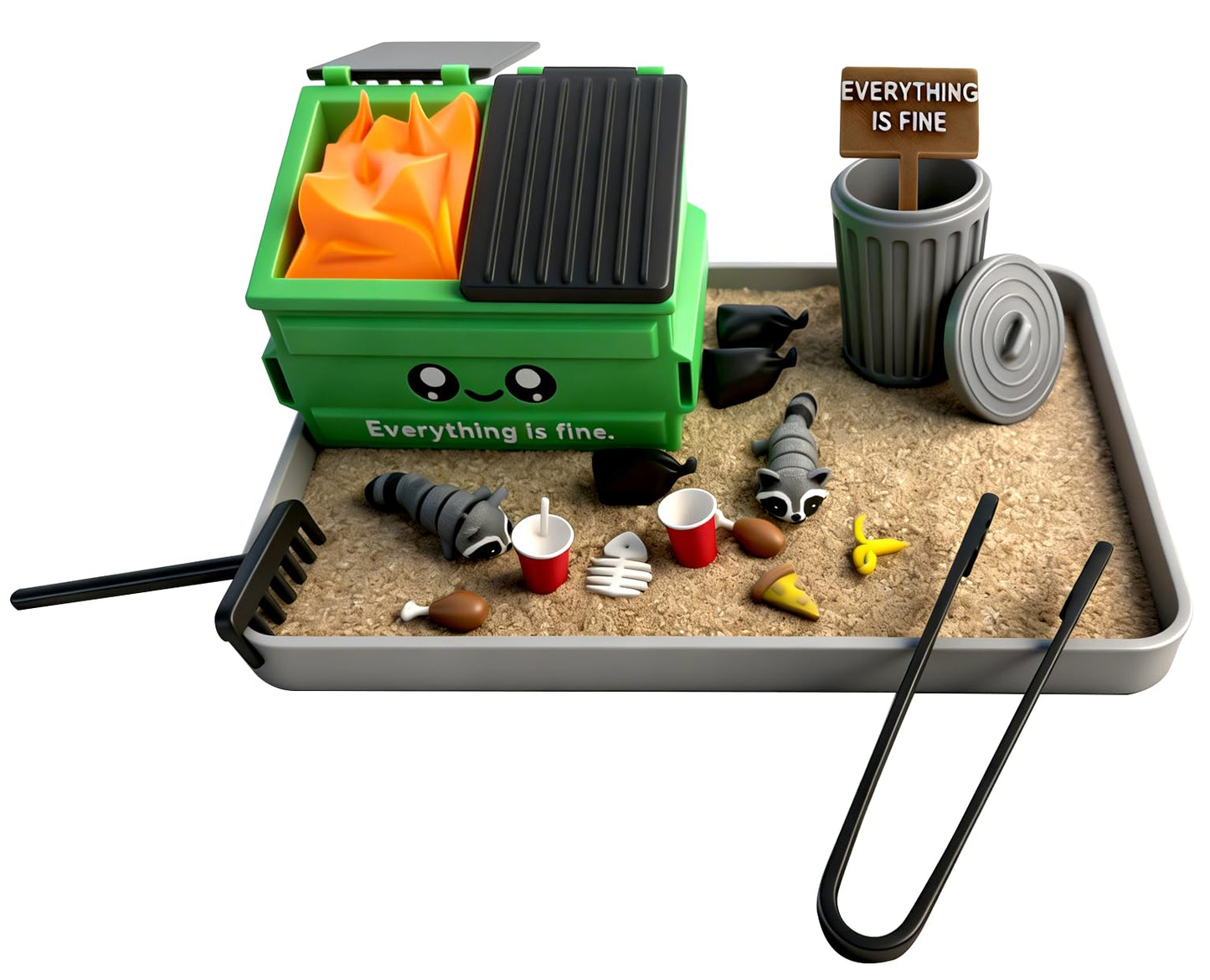 Dumpster Fire Zen Garden for Desk (Grey) - “Everything is Fine” Stress Relief Mini Garbage Sandbox Kit, Office Desktop Funny Decor Dark Humor Gag Gifts for Coworkers Friends