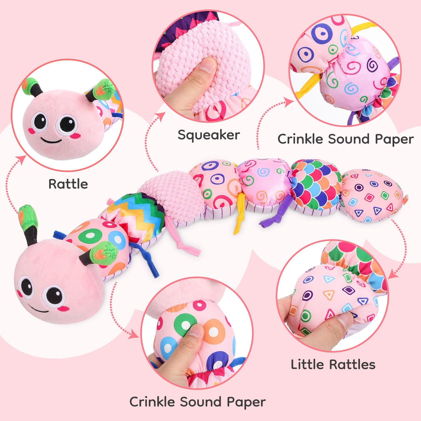 Baby Girl Toys 0-6 Months - Tummy Time Gifts Stuffed Sensory Caterpillar Toys for 0-3 3-6 6-9 6-12 Months Newborn Infant Rattles Crinkle Textures Soft Plush 3 4 5 6 7 8 9 10 Months Boys Girls Present