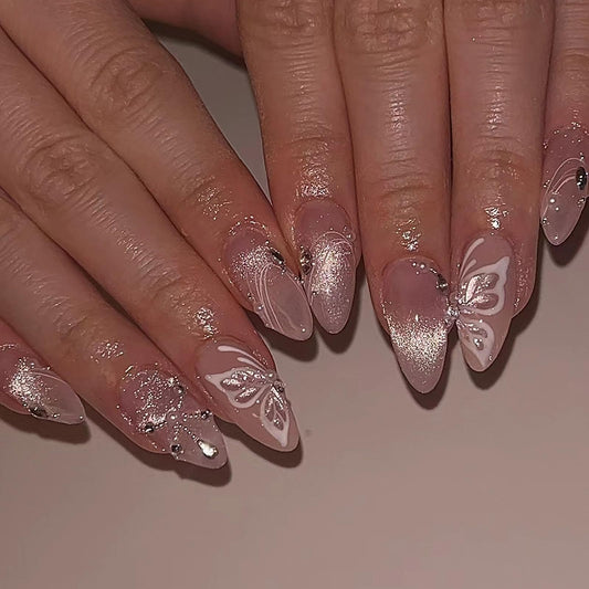 MISUD Press on Nails - Medium Almond Fake Nails with Cat Eye Acrylic Butterfly Rhinestone Design 24 pcs
