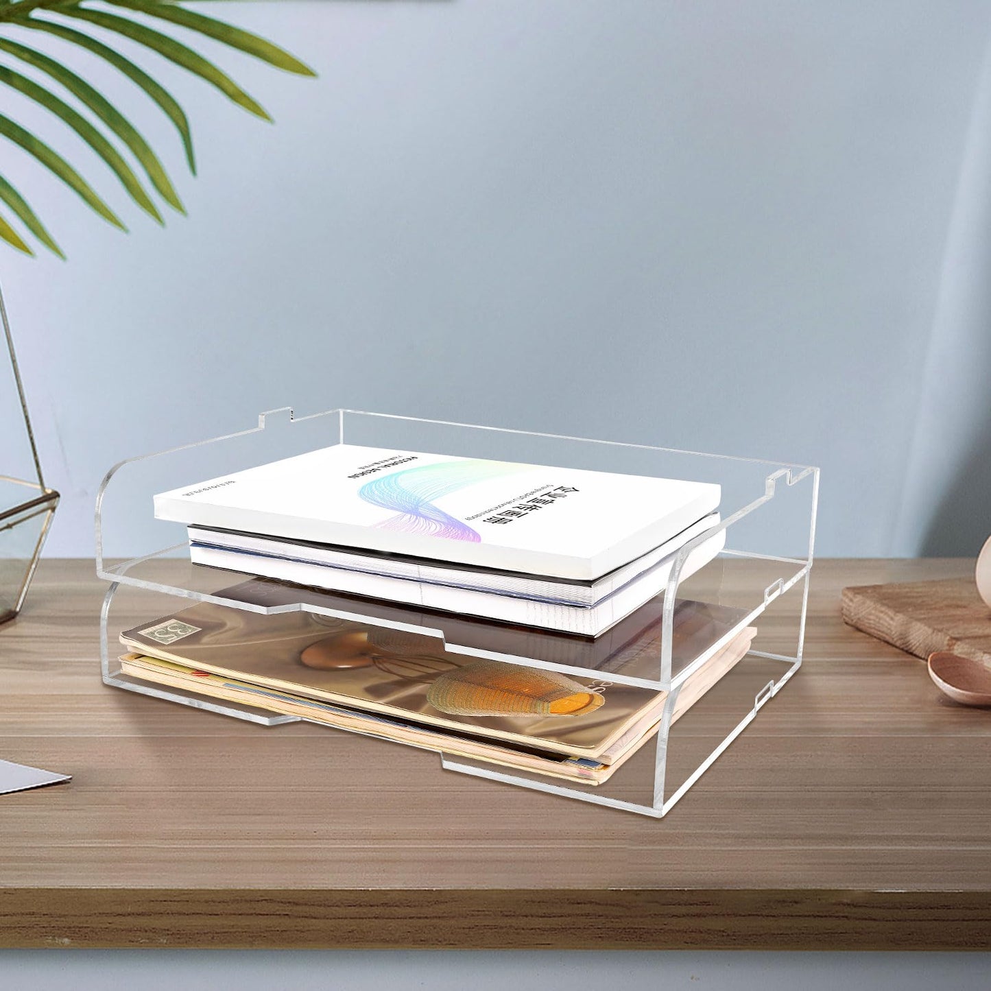 2 Pack- Stackable Paper Letter Tray,Clear Acrylic Magazine Holder and File Organizer - Sleek Desk Organizer for Home Office, Bookshelf, or Workspace - Space-Saving Transparent Document Holder