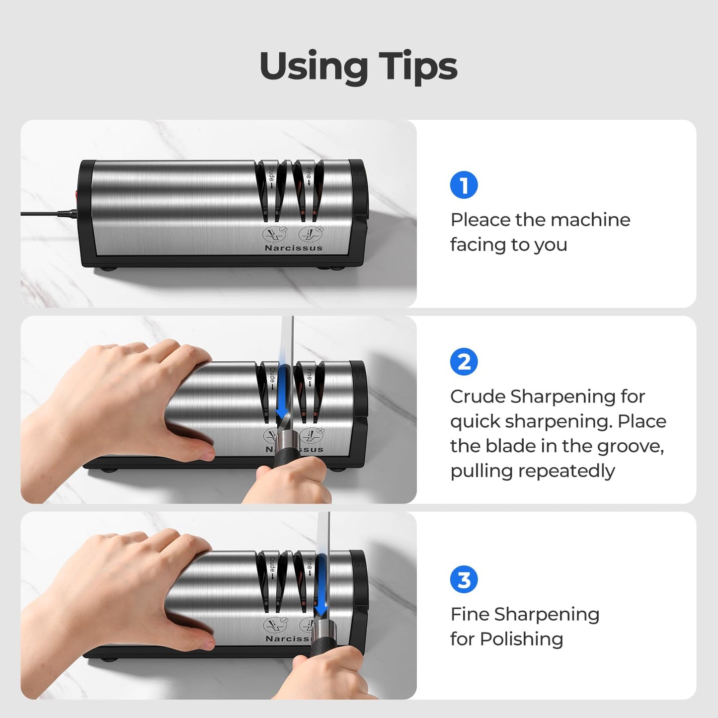 Narcissus Knife Sharpener, Professional 2 Stage Electric Knife Sharpener for Quick Sharpening & Polishing, with Scissors Sharpener and Metal Dust Collection Box, Stainless Steel, Silver