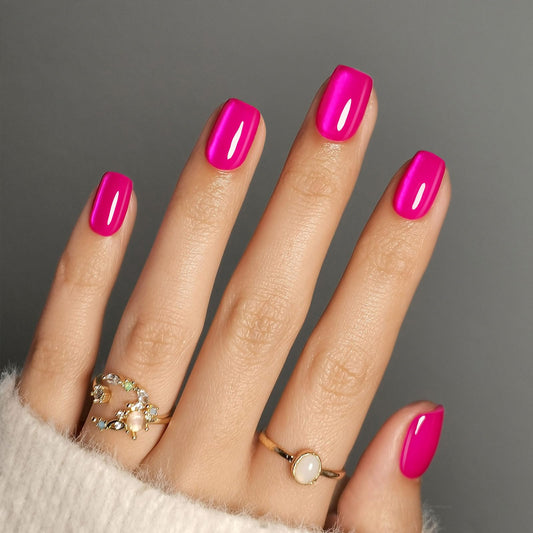 Hot Pink Press on Nails Short - SHANGMENG Soft Gel Cat Eye Press on Nails Square for Women, Naturally & Full Cover Reusable Glue on Nails in 16 Sizes - 32 Fake Nails Kit with Glue, Hot Pink
