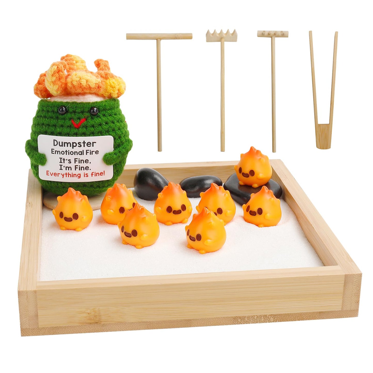 Humorous Emotional Support Dumpster Fire Desk Toy - Unique Desk Accessories, Mini Zen Garden Sand Box with Crochet Figure & 8 Flames, Funny Gift for Coworkers & Office Stress Relief
