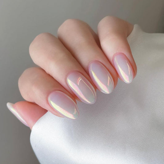 Medium Almond Press on Nails White Chrome Fake Nails with Ice Iridescent Stiletto Design Acrylic Full Cover Glue on Nails Reusable Stick on Nails Glossy Artificial Nails for Women 24 Pcs