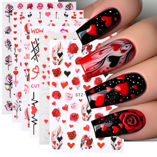 Valentine's Day 3D Nail Art Stickers - Vintage Rose Nail Decals Red Rose Love Heart Purple Flower Nail Stickers Valentine's Nail Designs DIY Adhesive Decals Manicure Decorations Nail Supplies 6Sheets