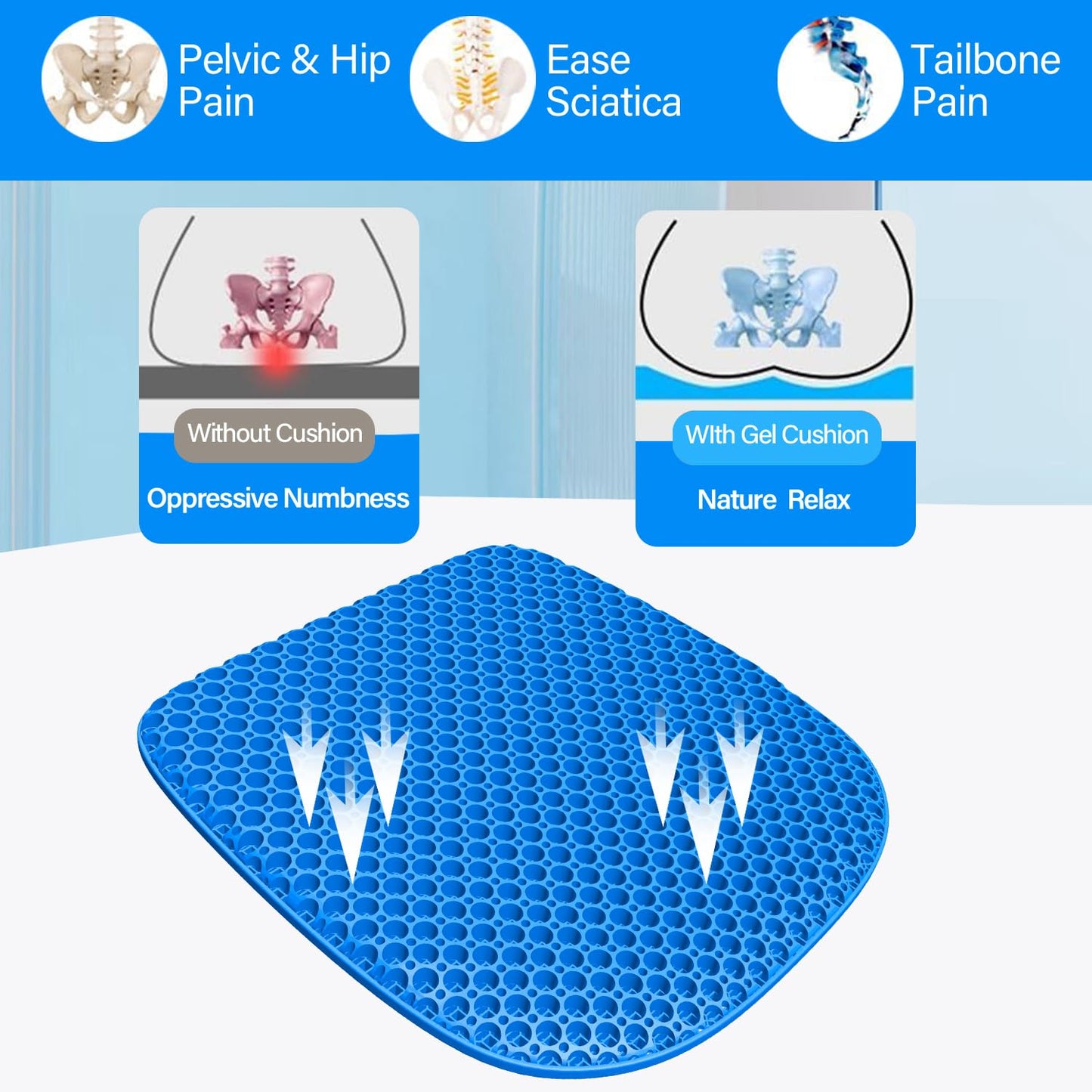 TONINT Large Gel Seat Cushion for Long Sitting with Non-Slip Cover,Soft & Breathable,Seat Cushion for Chair,Car,Office,Desk Chair,Wheelchair
