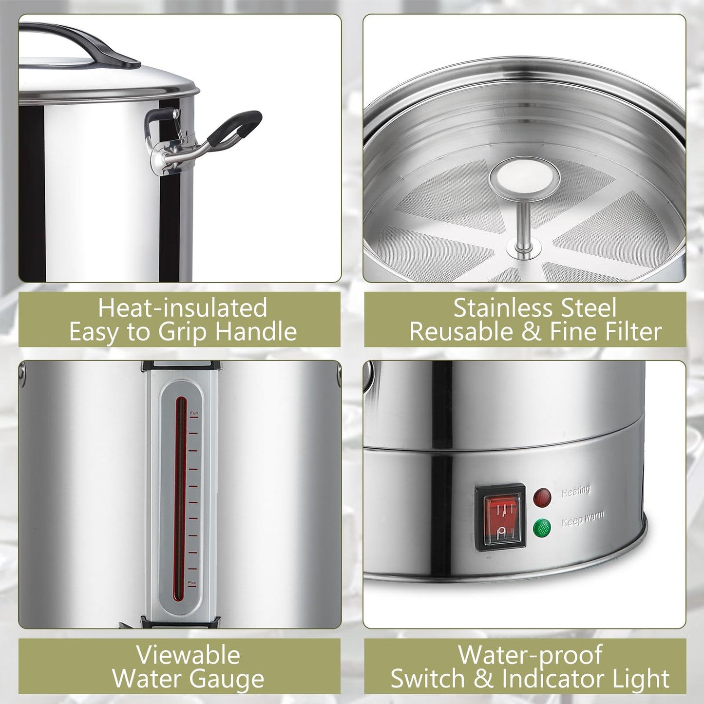 Commercial Coffee Urn 24L 160Cup Stainless Steel Quick Brew Hot Dispenser for Catering, Commercial Grade Large Capacity Coffee Maker For Meeting Rooms, Church, School, Stainless Steel