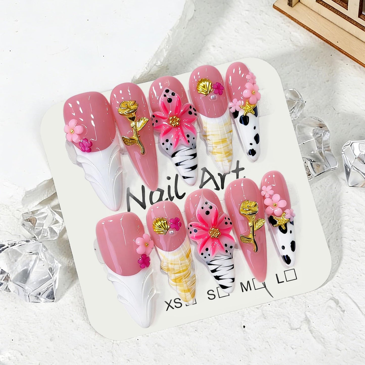 10 Pcs Handmade Press on Nails Long Stilettos Fake Nails with White French Tip Leopard Print Design 3D Flowers False Nails Pink Acrylic Stiletto Press Ons Nails for Women Wedding Nail Art - M Size