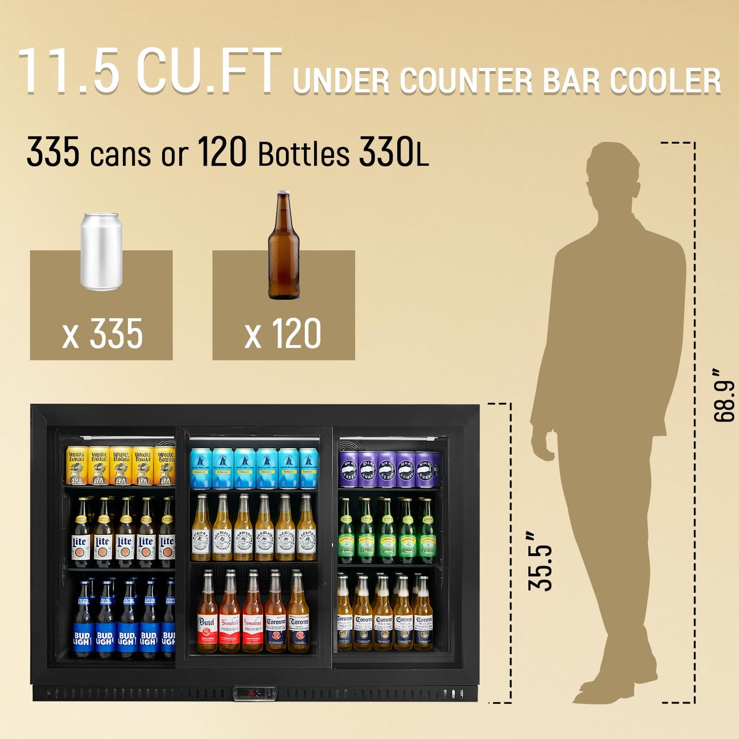 Bluelinecool Commercial Back Bar Cooler with 3 Glass Sliding Doors, 11.5 cu.ft Under Counter Beverage Refrigerator, LED Lighting - ETL Beer and Wine Cooler for Bar, Restaurant, Garage, Office, Home