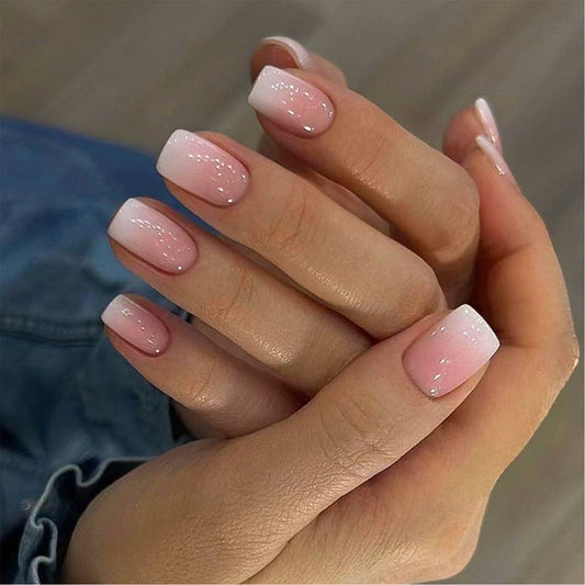Puyokinm Square Press on Nails Medium Fake Nails Gradient Pink False Nails Full Cover Acrylic Glossy Glue on Nails Nude Artificial Nails Stick on Nails for Women 24Pcs