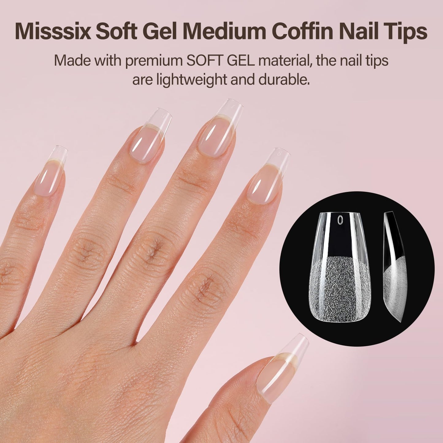 Misssix Medium Coffin Gel x Nail Tips Kit, 216Pcs Pre Etched Clear Fake Nails, Full Cover False Nail 9-in-1 Gel Glue and Portable Mini U V Nail Lamp for Women 12 Sizes