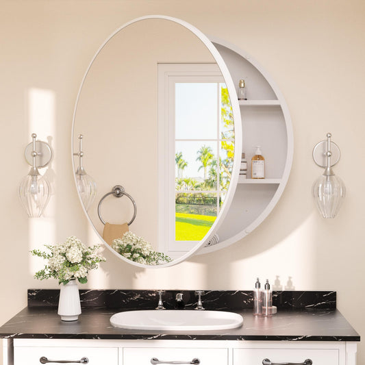 TETOTE Bathroom Mirror Cabinet 30 x 30 White Round Bathroom Medicine Cabinet with Mirror Adjustable Shelves Farmhouse Wall Mirror with Storage Surface Mounted